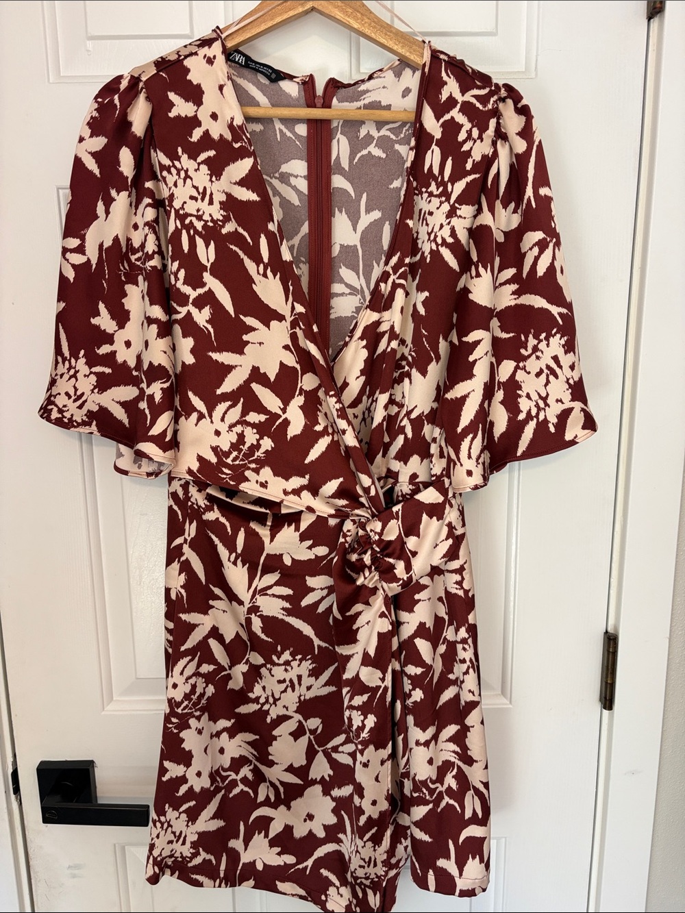 Zara Burgundy and Cream Floral Wrap Dress